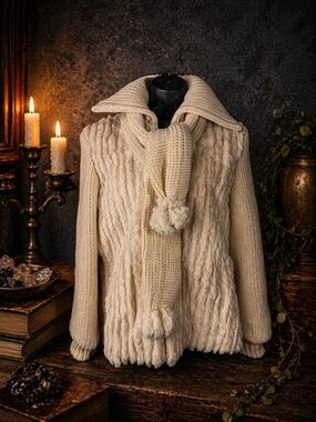 Vintage Old Money Rabbit Fur Sweater Jacket Set • Genuine Fur + Scarf & Gloves